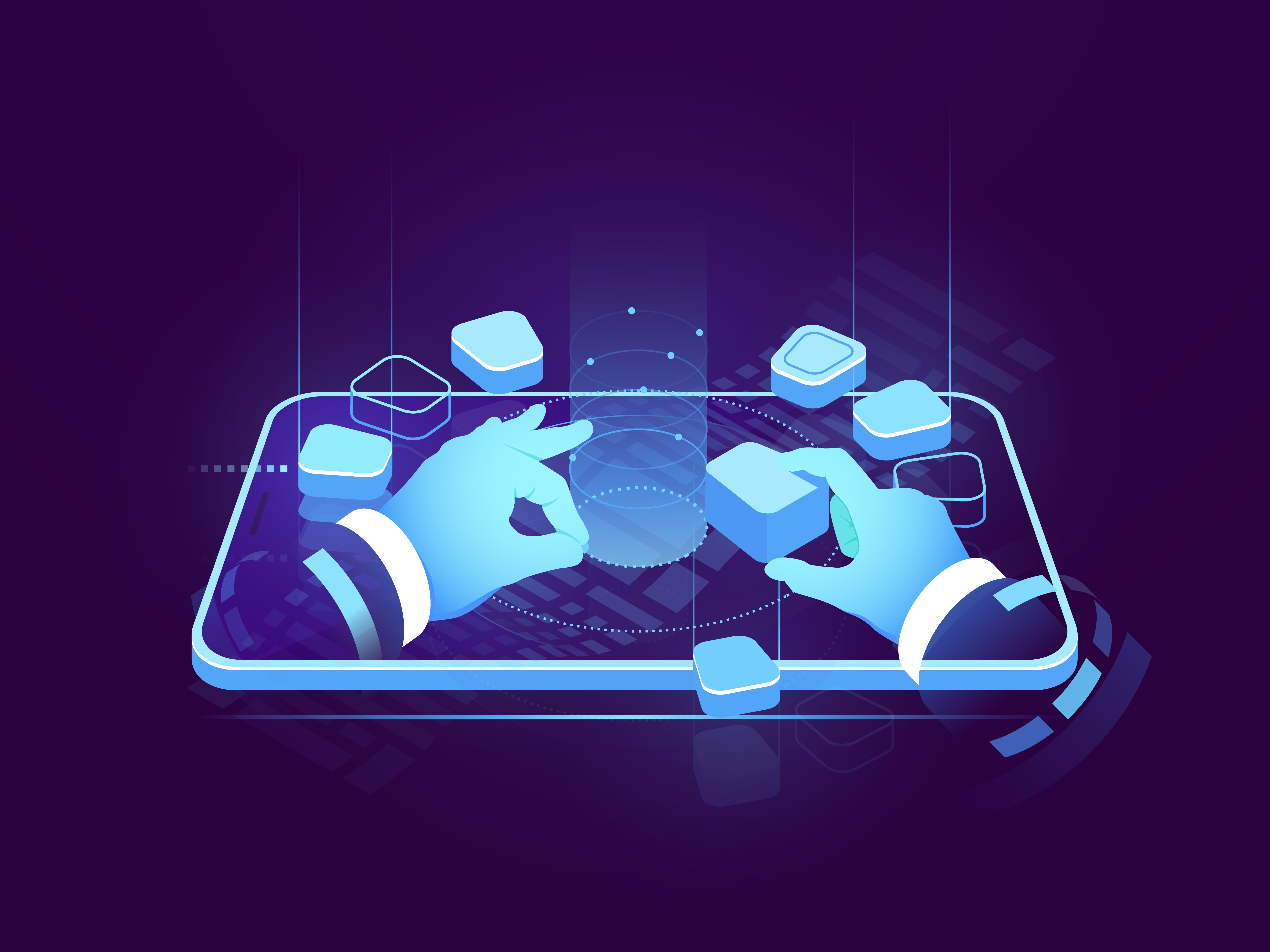 Holographic display isometric neon, digital futuristic technology, user interface development design, building mobile application, big data processing, cyber security isometric vector